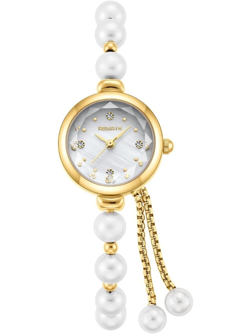 Women's Gold Analog Quartz Adjustable Slider Clasp Pearl Bracelet Wrist Watch